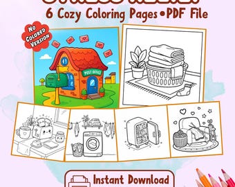 May include: A digital download titled "STRESS RELIEF" with six cozy coloring pages in PDF format. The pages feature line art illustrations of a post office, laundry, and other relaxing scenes. Includes the text "Instant Download - PDF Included."