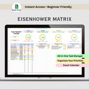 Könnte beinhalten: Ein Laptop-Bildschirm, der eine Eisenhower-Matrix-Vorlage in Google Sheets anzeigt. Die Tabelle enthält Abschnitte zur Aufgabenpriorisierung und Fortschrittsverfolgung. Der Text auf dem Bildschirm lautet "Sofortiger Zugriff • Anfängerfreundlich."