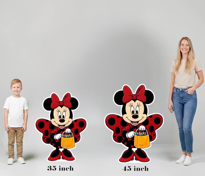 May include: Two Minnie Mouse character cutouts featuring a red and black polka dot dress, a red bow, and a yellow treat bag. The smaller cutout is labeled 35 inch and the larger cutout is labeled 45 inch, indicating their respective heights.