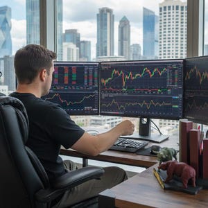 K&ouml;nnte beinhalten: Eine Person sitzt an einem Schreibtisch mit drei Computermonitoren, auf denen B&ouml;rsendiagramme angezeigt werden. Auf dem Schreibtisch befinden sich eine Tastatur, eine Maus und dekorative Gegenst&auml;nde, darunter Bullen- und B&auml;renfiguren. Im Hintergrund ist eine Stadtlandschaft zu sehen.