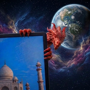 May include: A digital tablet screen displays the Taj Mahal against a blue sky. A textured red dragon with sharp claws grips the edge of the tablet. The background features a view of planet Earth in space surrounded by colorful cosmic nebula clouds.
