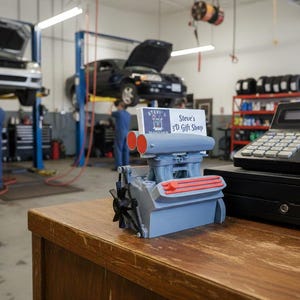 May include: A gray 3D-printed engine model with red accents and a black fan, displayed on a wooden surface. The sign reads "Steve's 3D Gift Shop". The background shows a car repair shop with cars on lifts.