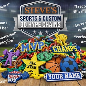 May include: A collection of colorful 3D hype chains with sports-themed designs, including basketballs, soccer balls, and stars. The chains are approximately 8" x 8" and feature the text "MVP" and "CHAMPS".