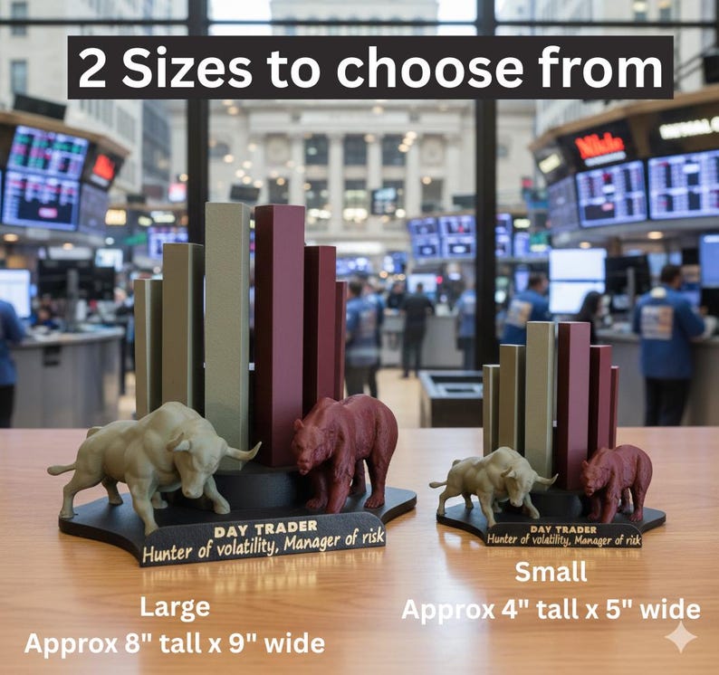 K&ouml;nnte beinhalten: Eine Pr&auml;sentation mit einem Bullen und einem B&auml;ren, die Markttrends darstellen, mit dem Text "DAY TRADER Hunter of volatility, Manager of risk." Erh&auml;ltlich in zwei Gr&ouml;&szlig;en: Gro&szlig;, ca. 20 cm hoch x 23 cm breit, und Klein, ca. 10 cm hoch x 13 cm breit.