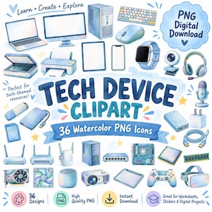 May include: A collection of 36 watercolour tech device clipart icons in blue tones, including computers, monitors, keyboards, mice, printers, tablets, phones, smartwatches, webcams, headphones, microphones, routers, cables, and gaming hardware.