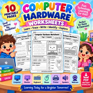 May include: A set of 10 printable computer hardware worksheets featuring educational activities like tracing, writing, and identifying parts. The pages include illustrations of a monitor, keyboard, mouse, printer, speakers, and webcam for children.