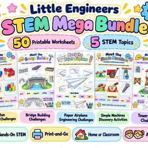 Könnte beinhalten: Ein Little Engineers STEM Mega Bundle mit 50 druckbaren Arbeitsblättern zu 5 Themen: Ball Run, Bridge Builder, Paper Airplane, Simple Machines und Tower Builder. Die bunten Seiten enthalten Zuordnungsaufgaben, Wortlisten und Illustrationen.