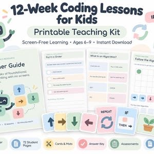 Programma di programmazione per bambini, kit di lezioni STEM stampabili di 12 settimane, attività di informatica senza schermo, età 6-9 anni