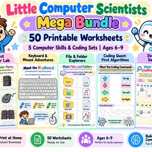 Paquete de hojas de trabajo de informática, 50 imprimibles de programación y habilidades informáticas para niños, actividades STEM sin conexión en formato PDF.