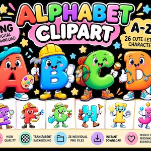 Peut inclure: Un ensemble de cliparts alphabet numériques comprenant 26 lettres colorées avec des visages, des membres et des accessoires. Les lettres A à D sont grandes, tandis que E à J sont plus petites. Le texte inclut ALPHABET CLIPART, A-Z, 26 CUTE LETTER CHARACTERS, Learn Create Inspire!, PNG, DIGITAL DOWNLOAD, HIGH QUALITY, TRANSPARENT BACKGROUND, 26 INDIVIDUAL PNG FILES, INSTANT DOWNLOAD, et PERFECT FOR PERSONAL & SMALL BUSINESS USE.