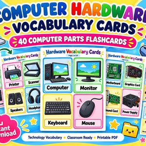 Puede incluir: Un conjunto de 40 tarjetas de vocabulario imprimibles sobre hardware informático con ilustraciones coloridas de componentes tecnológicos como monitores, teclados, ratones e impresoras. Las páginas incluyen etiquetas de texto, el título Computer Hardware Vocabulary Cards y una insignia rosa que indica 10 printable pages.