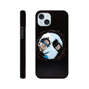 May include: Black phone case featuring a comic-style illustration of Nightwing and Batman looking out from a circular opening. The case has a glossy finish and a black border. The side view shows the case's thickness and button placement.