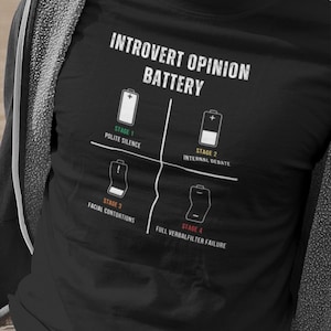 May include: Black t-shirt with the text "INTROVERT OPINION BATTERY" and a battery graphic divided into four stages: Polite Silence, Internal Debate, Facial Contortions, and Full Verbalfilter Failure.