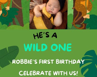Monkey Jungle Safari Birthday Invitation: Editable Canva Template (Digital)