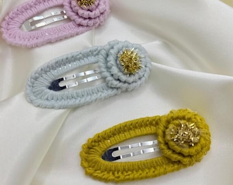 Knitted Hair Clips, Floral Hair Clips, Crochet Snap Clips, Crochet Flower Hair Clips, Amigurumi Hair Accessories, Cute Crochet Hair Clips