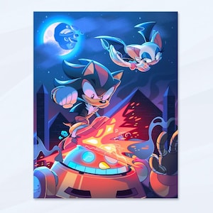 May include: A vibrant illustration featuring characters from the Sonic the Hedgehog universe. Shadow the Hedgehog is mid-action, with Rouge the Bat flying above. The background is a dark blue night scene with a full moon and city silhouettes.