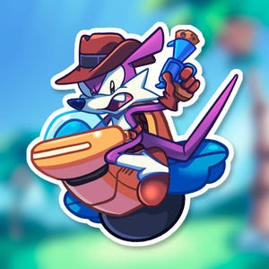 May include: A sticker featuring a cartoon character, a purple fox wearing a brown hat and vest, riding a vehicle. The fox is holding a blue weapon and has an angry expression. The vehicle is orange and blue, with a black wheel.