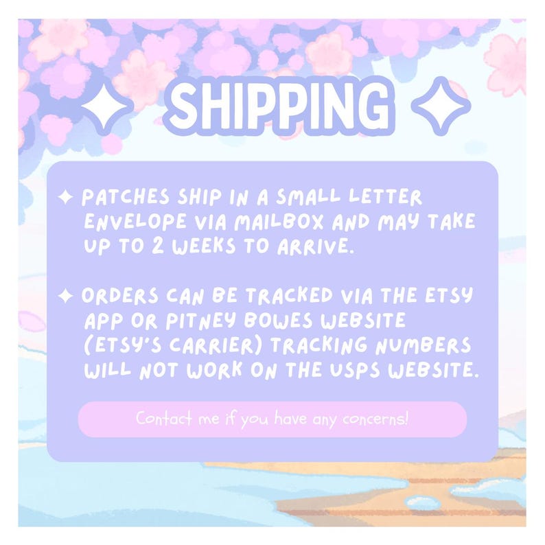 May include: A light purple graphic with the word "SHIPPING" in white. The text below states that patches ship in a small letter envelope via mailbox and may take up to 2 weeks to arrive. It also mentions tracking via the Etsy app.