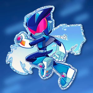 May include: A sticker featuring a stylized character in a dynamic pose. The character is predominantly blue with accents of pink, white, and orange. It has a futuristic design, with a helmet and armor-like elements. The sticker has a glittery, textured border and is set against a gradient blue background.