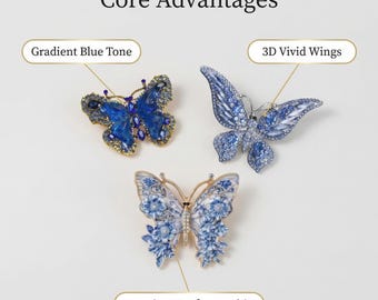 Conjunto de broche de mariposa de zafiro de Versalles: joyería de noche con esmalte de cristal azul real