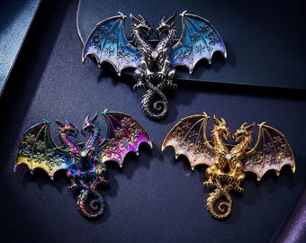 Two-Headed Dragon Three-Piece Brooch Set Dual Headed Dragon Brooch 3 Colors Enamel Gothic Fantasy Lapel Pin Medieval Dragon Jewelry