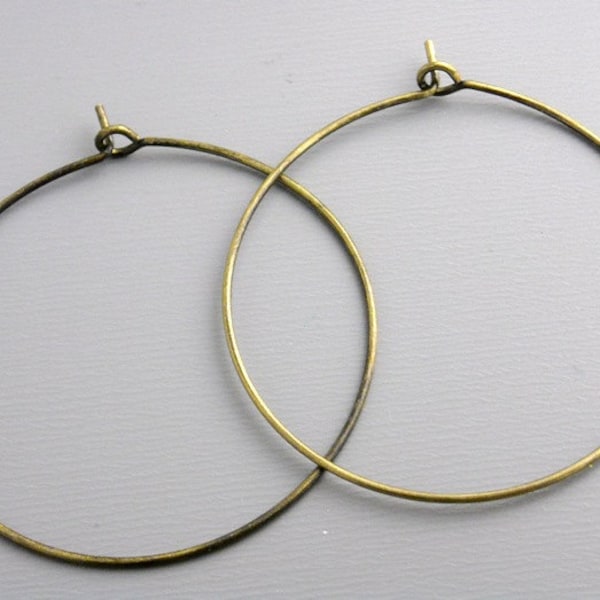 Antique Bronze Beading Hoops, 35mm Ear Wire Hoops, 22 Gauge - 20 pieces