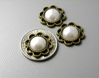 Cabochon Setting with Glass Pearl, Antique Bronze Plating/Antique White Glass, 15mm - 4 pieces