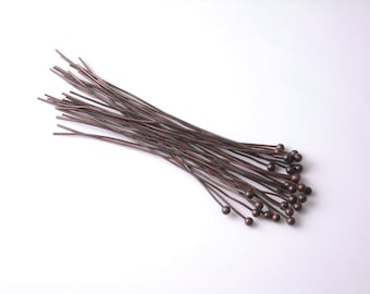 Long Hand Straightened Ball End Headpins, Dark Copper Plated, 55mm long, 24 gauge - 50 pins