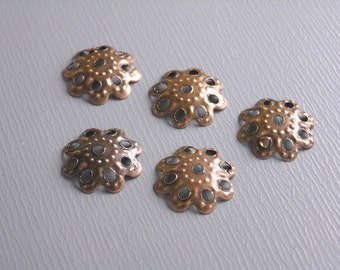 Textured Cutout Flower Shape Domed Bead Caps, Antique Copper Plated, 10mm diameter - 50 pcs