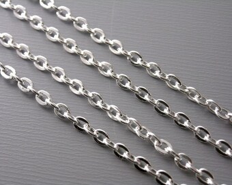 Unsoldered Flattened Oval Cable Link Chain, Silver Tone Plated, 3mmx2mm - 10 feet