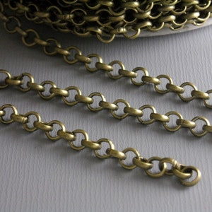 Sturdy Unsoldered Bronze Rolo Link Chain, Antique Bronze Plated, 4mm links - 10 Feet