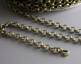 Sturdy Unsoldered Bronze Rolo Link Chain, Antique Bronze Plated, 4mm links - 10 Feet