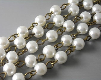 Snow White Glass Faux Pearl Satellite Chain, Antique Bronze Plated Wire Loop Links, 6mm beads / 4mm links - 3.25 feet