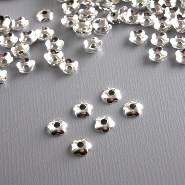 Petite Flower Shaped Bead Caps, Silver Tone Plated, 4mm diameter - 30 pieces
