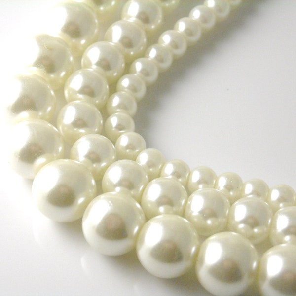 Czech Glass Pearls (Ivory tone,) Full 15-inch Strand - Choose from three sizes (4mm, 6mm, 8mm)