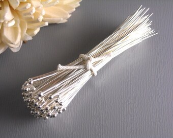 26 gauge, 50mm long, Silver Tone Plated,  Hand Straightened Fine Ball End Headpins - 50 pins