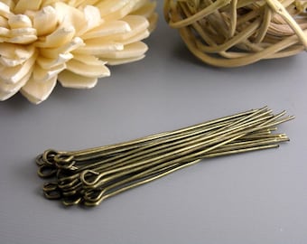 Hand Straightened Eyepins, Antique Bronze Plated, 21 gauge, 50mm (2 inches) - 50 pins