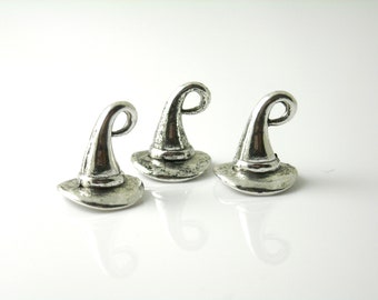 Miniature Witch / Wizard Sorting Hat, Tall Toad, Antique Silver Plated, 11mmx11mm, 4 charms