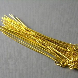 Fine Eye Pins, Gold Tone Plated, Hand Straightened, 45mm long, 24 gauge - 50 pins