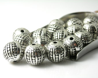 Textured Round Metal Beads, Antique Silver Plated, Center Drill, 11mm diameter, 4 beads