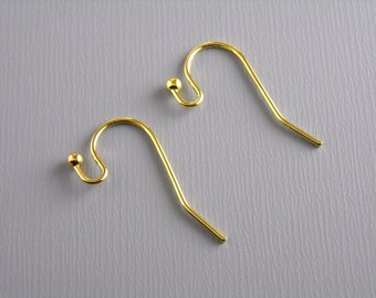 French Ball End Earwire, Gold Tone Plated, 22mm long, 21 gauge - 50 pieces