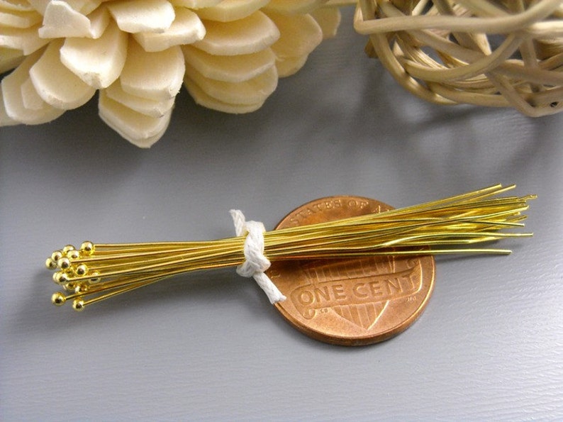26 gauge, 50mm long, 14k Gold Plated, Hand Straightened Fine Ball End Headpins 50 pins image 2