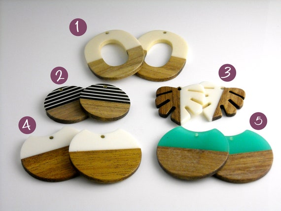 Natural Wood & Colored Resin Dangles, Choose From Five 5 Styles 2 Pieces 