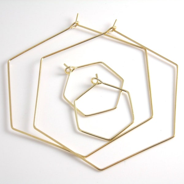 Hexagon Shaped Hoop Earrings, 14k Gold Plated, 26mm & 51mm - 2 pcs (1 pair)
