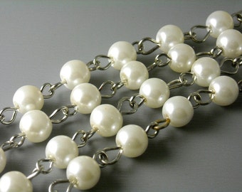 Faux Pearl / Iron Wire Chain, Ivory Coat / Antique Silver Plate, 6mm pearls - 3.25 feet