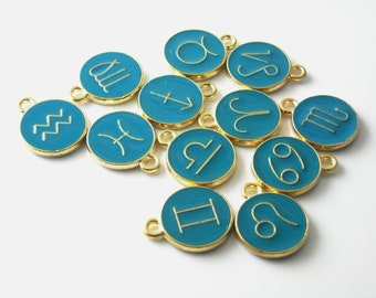 WHOLESALE, Zodiac Enamel Charms, Teal, Gold Plated Rim, 15mm - 44 pcs