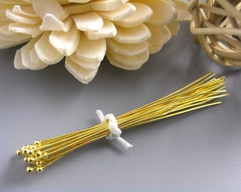 26 gauge, 50mm long, 14k Gold Plated, Fine Ball End Headpins - 50 pins