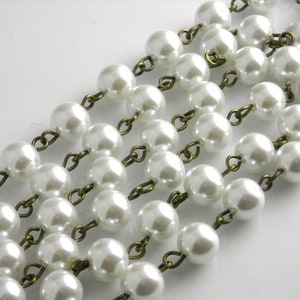 Jasmine White Glass Pearl, Antique Bronze Plated Wire, 8mm - 3.25 feet