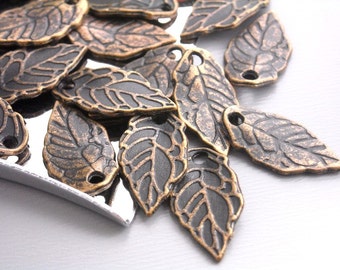 Petite Textured Copper Leaf Charms, Antique Copper Plated, 16mm long - 20 pieces