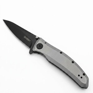 K&ouml;nnte beinhalten: Ein Klappmesser mit schwarzer Klinge und grauem Griff. Auf der Klinge ist der Markenname "Kershaw" aufgedruckt. Der Griff hat eine Reihe kleiner schwarzer Schrauben.